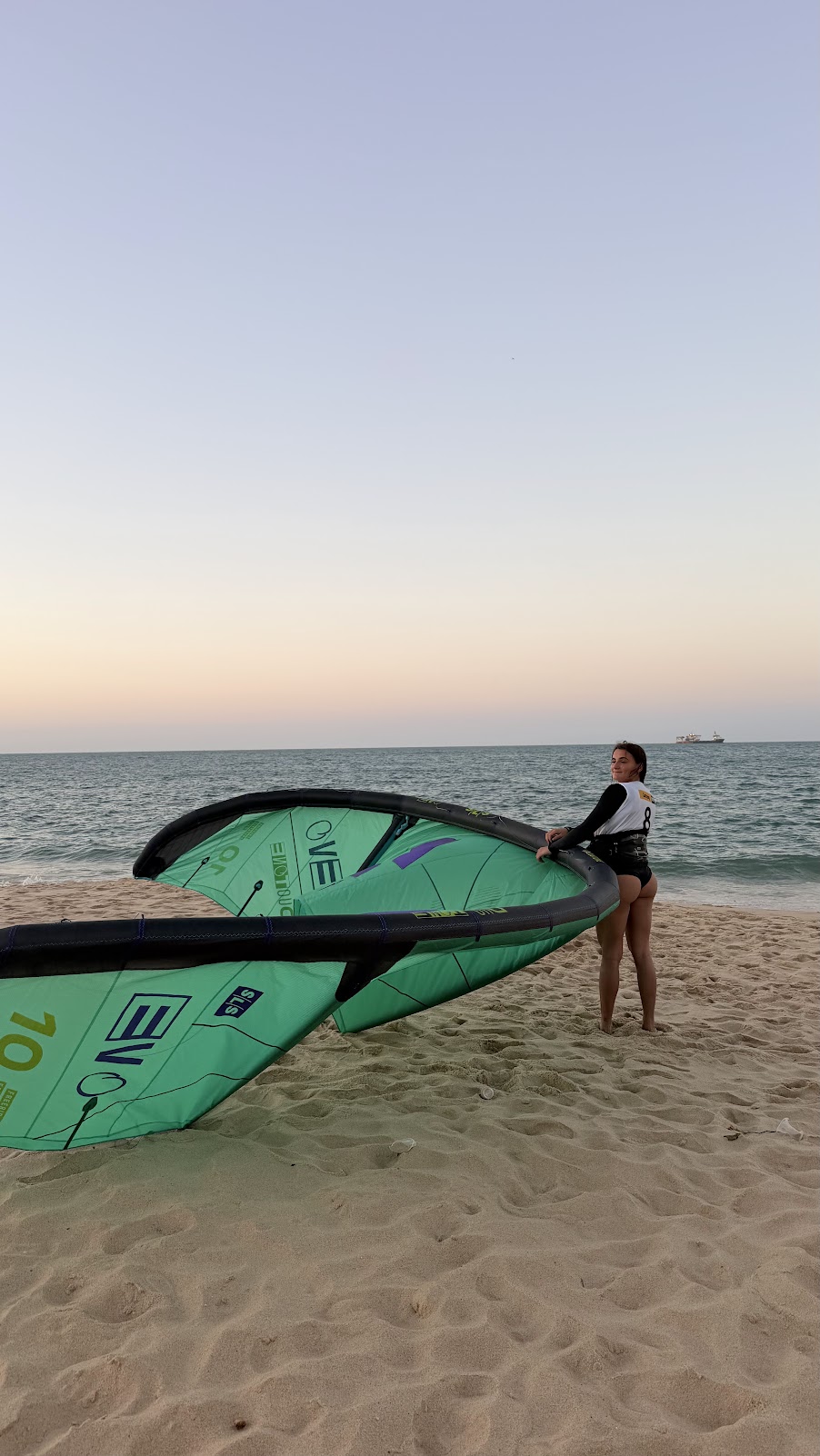 Kite montado na areia no fim de tarde