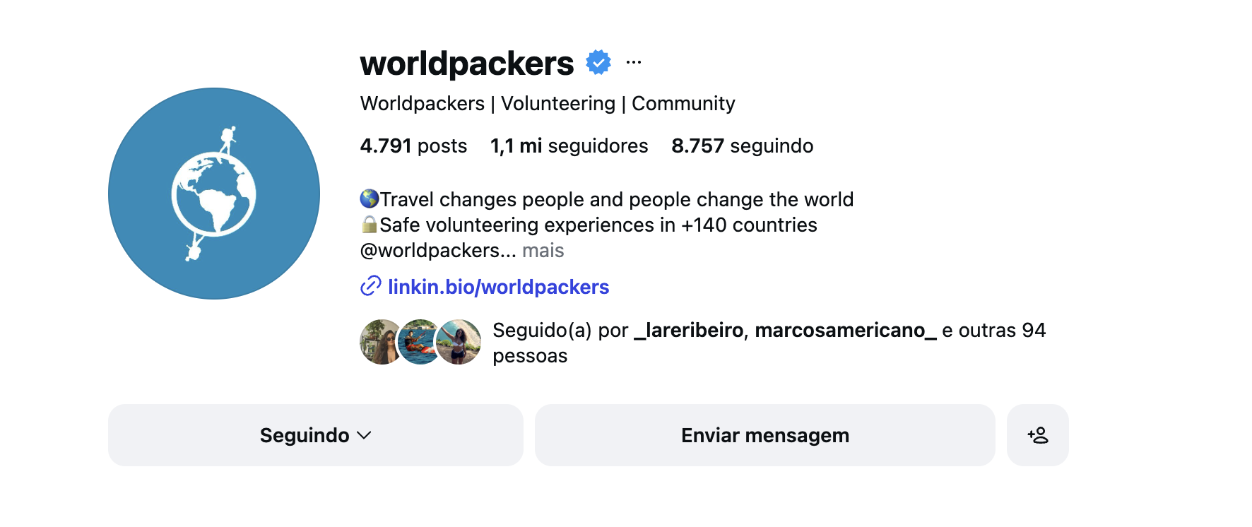Perfil oficial verificado da Worldpackers no Instagram